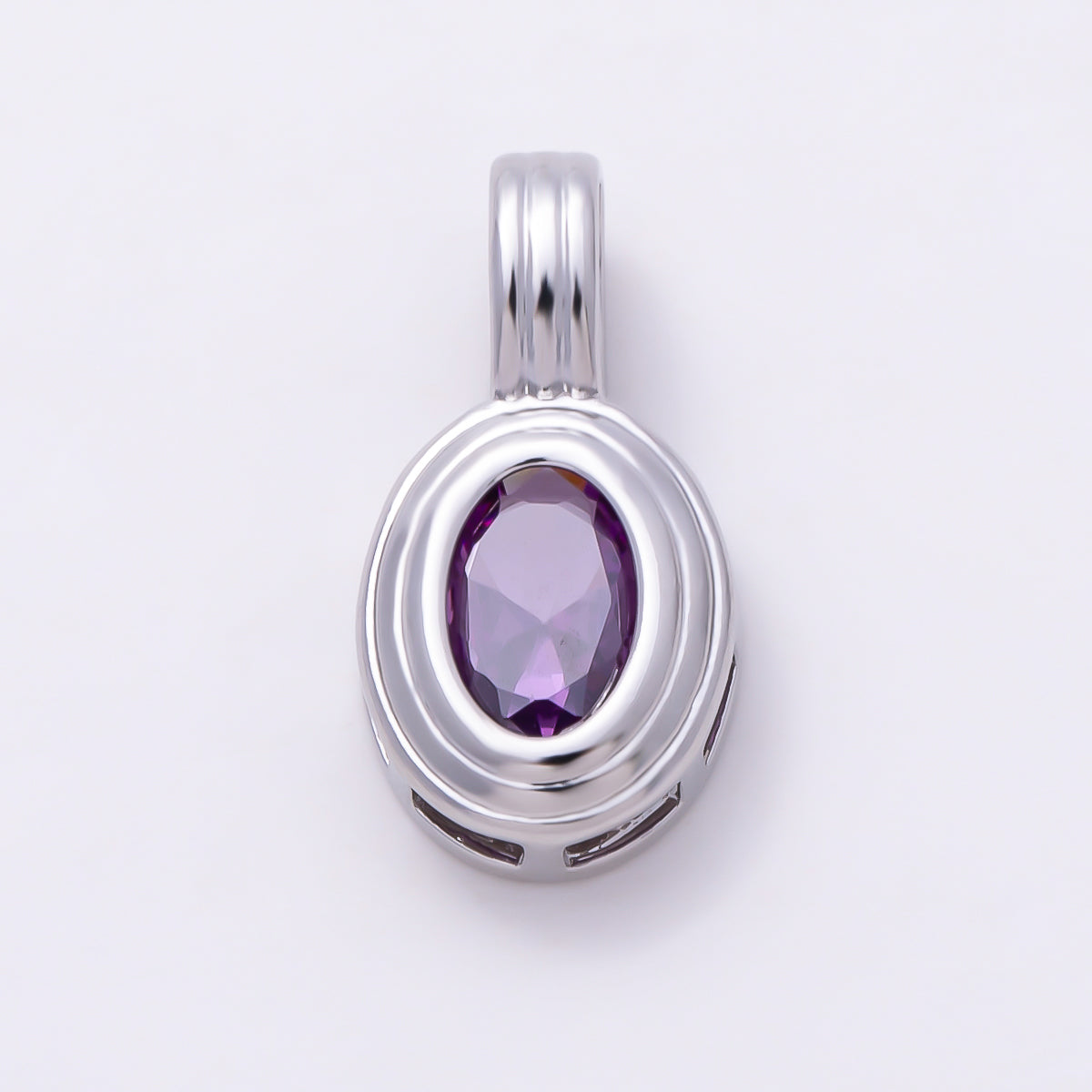 Silver 16mm Minimalist Oval Bezel CZ Birthstone Textured Bail Pendant | Charms-01829 - Charms-