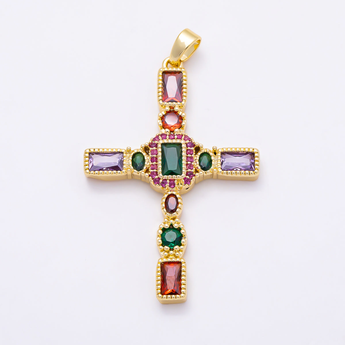 16K Gold Filled 37mm Multicolor CZ Beadded Textured Cross Religious Pendant in Gold & Silver | Charms-01845 - Charms-01846