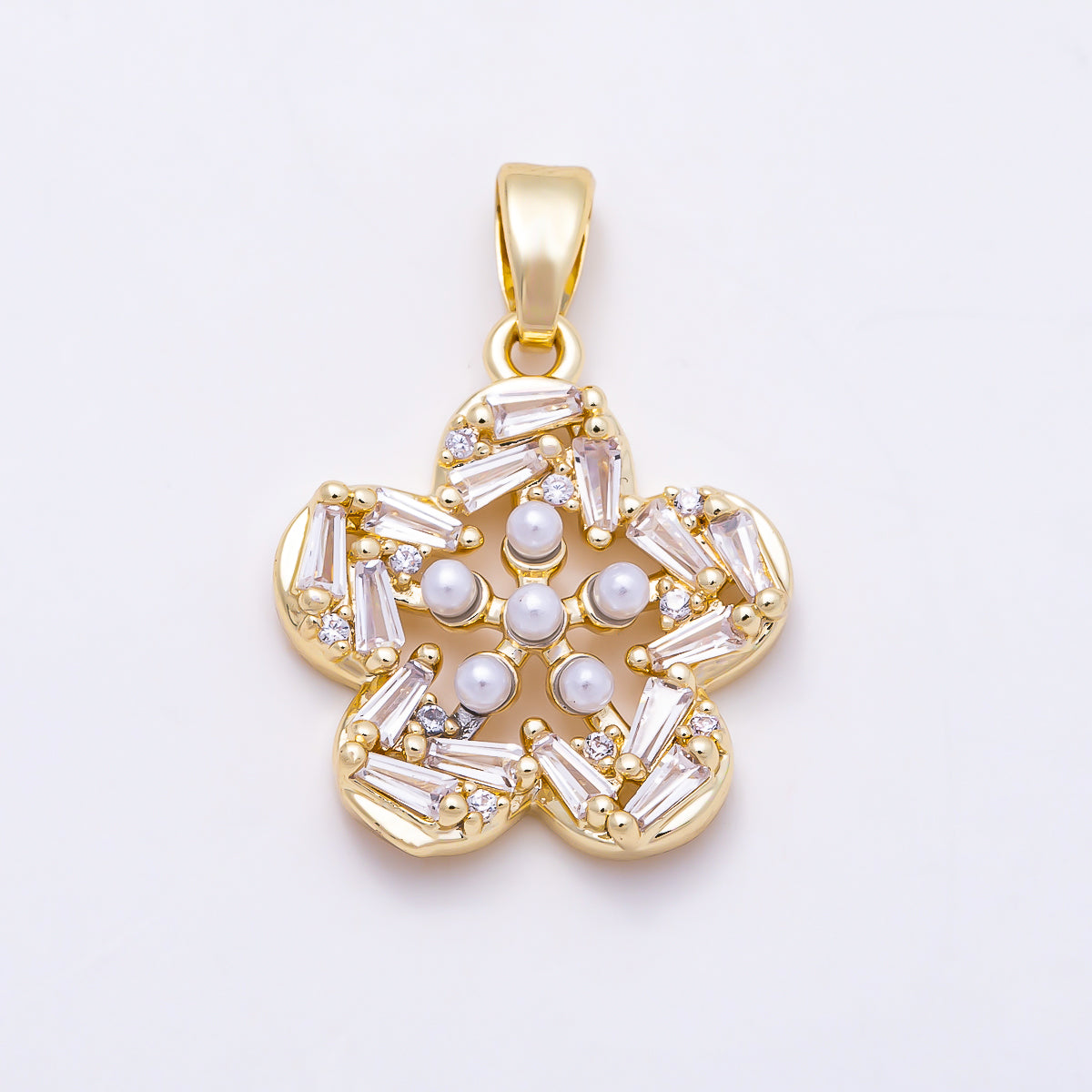 16K Gold Filled 18mm Baguette CZ & Shell Pearl Five Petal Flower Pendant | Charms-01847 - Charms-01848