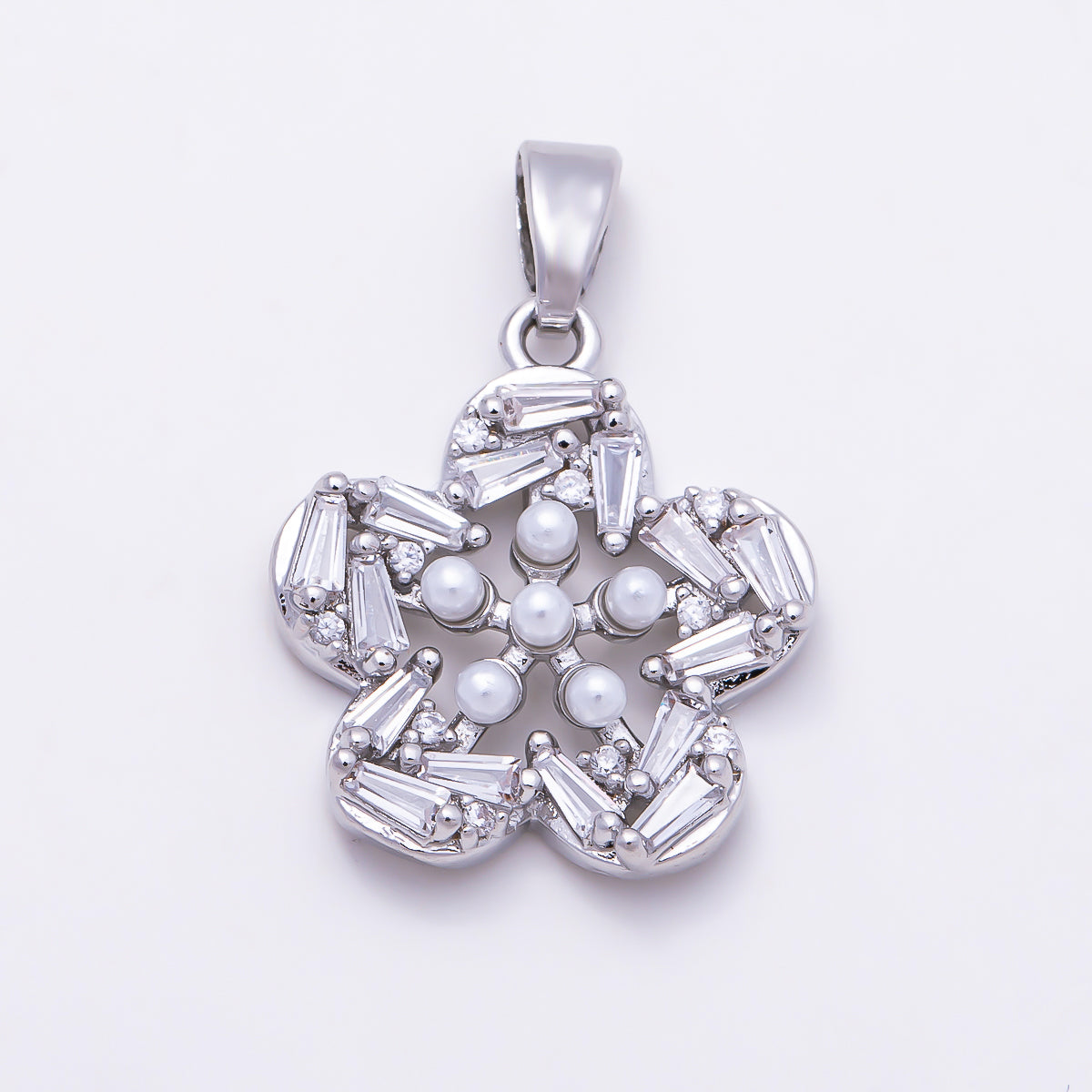 16K Gold Filled 18mm Baguette CZ & Shell Pearl Five Petal Flower Pendant | Charms-01847 - Charms-01848