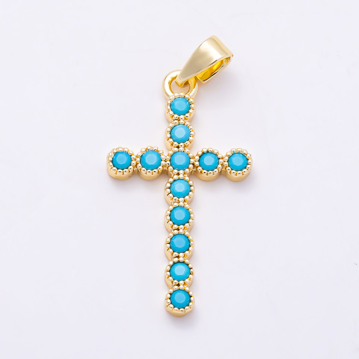16K Gold Filled 24mm Turquoise CZ Bezel-Set Cross Religious Pendant in Gold & Silver | Charms-01849 - Charms-01850