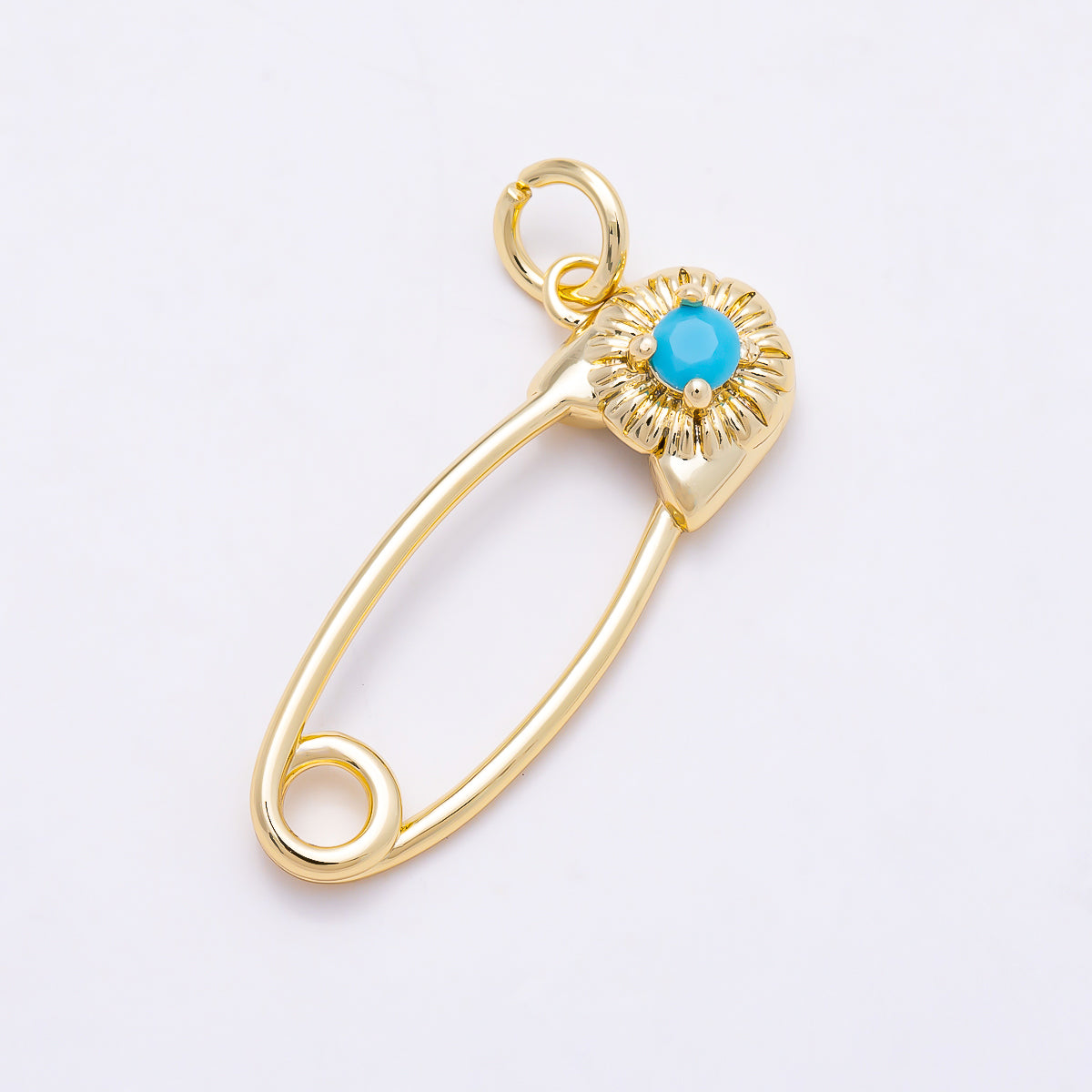 16K Gold Filled 25mm Turquoise CZ Flower Accent Safety Pin Charm | Charms-01853 - Charms-01854