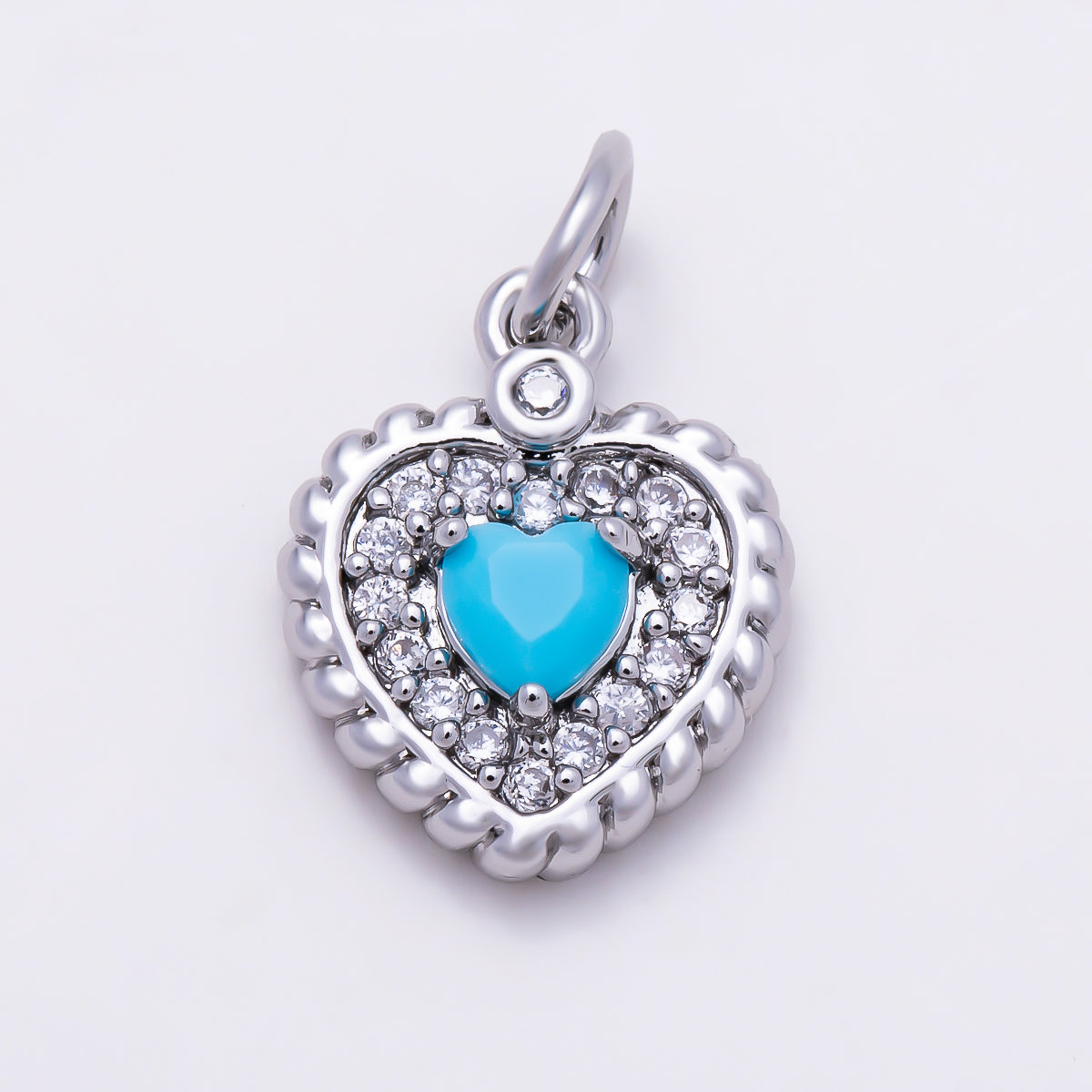 16K Gold Filled 14mm Turquoise Heart Micro Paved CZ Rope Edge Charm in Gold & Silver | Charms-01857 - Charms-01858