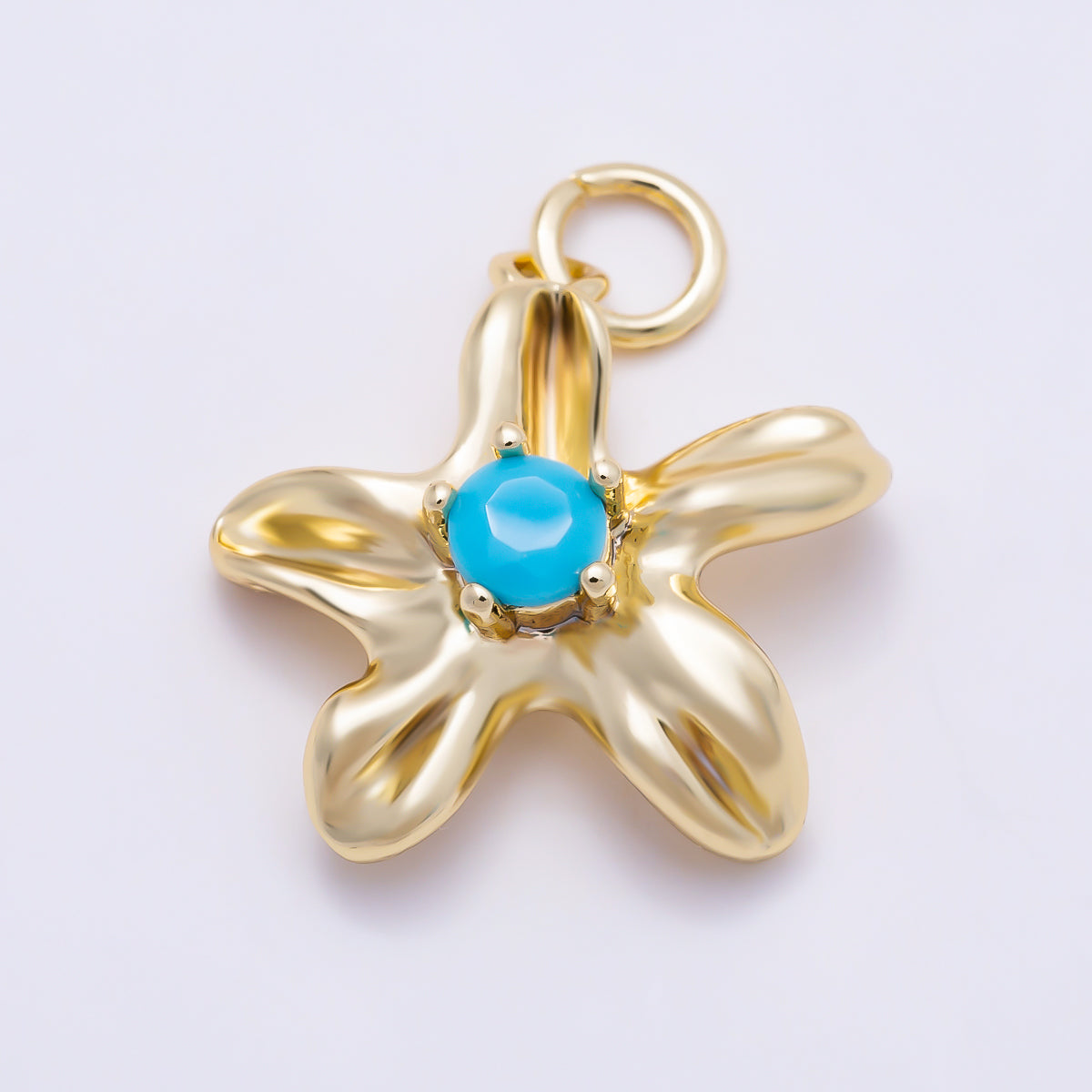 16K Gold Filled 17mm Turquoise CZ Organic Five Petals Flower Charm | Charms-01859 - Charms-01860