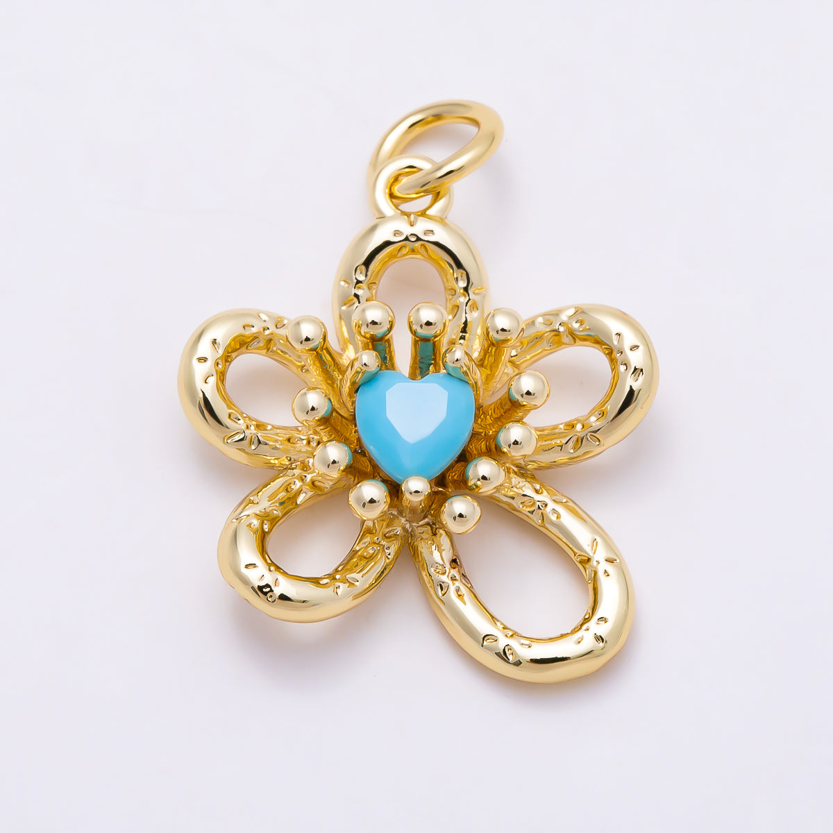 16K Gold Filled 17mm Turquoise Heart CZ Textured Openwork Flower Charm | Charms-01863 - Charms-01864