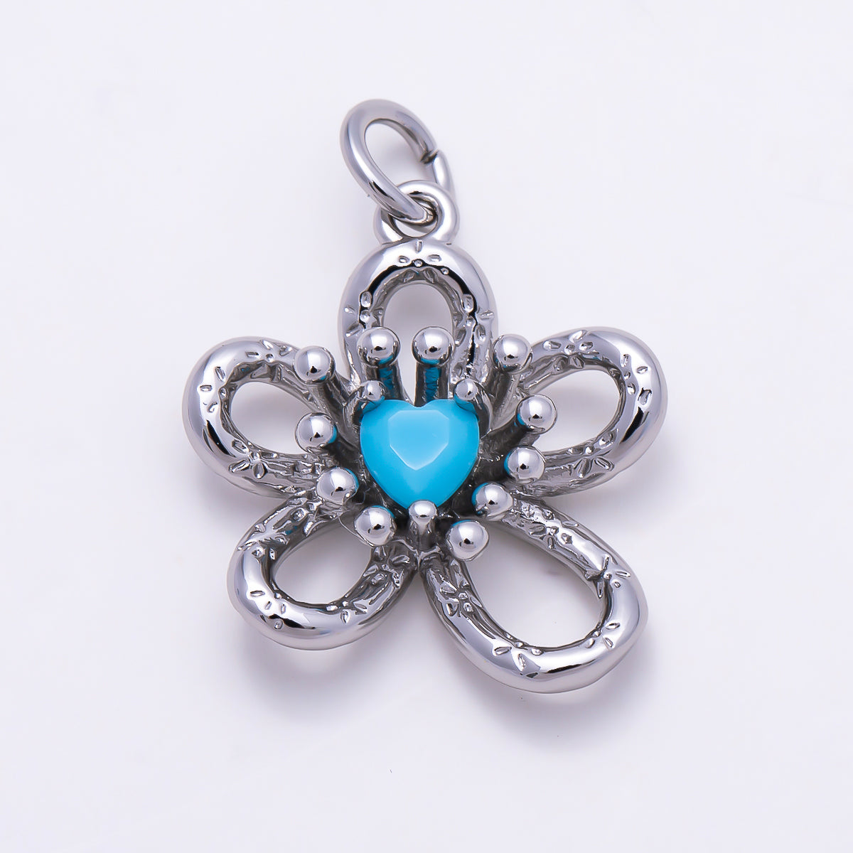 16K Gold Filled 17mm Turquoise Heart CZ Textured Openwork Flower Charm | Charms-01863 - Charms-01864