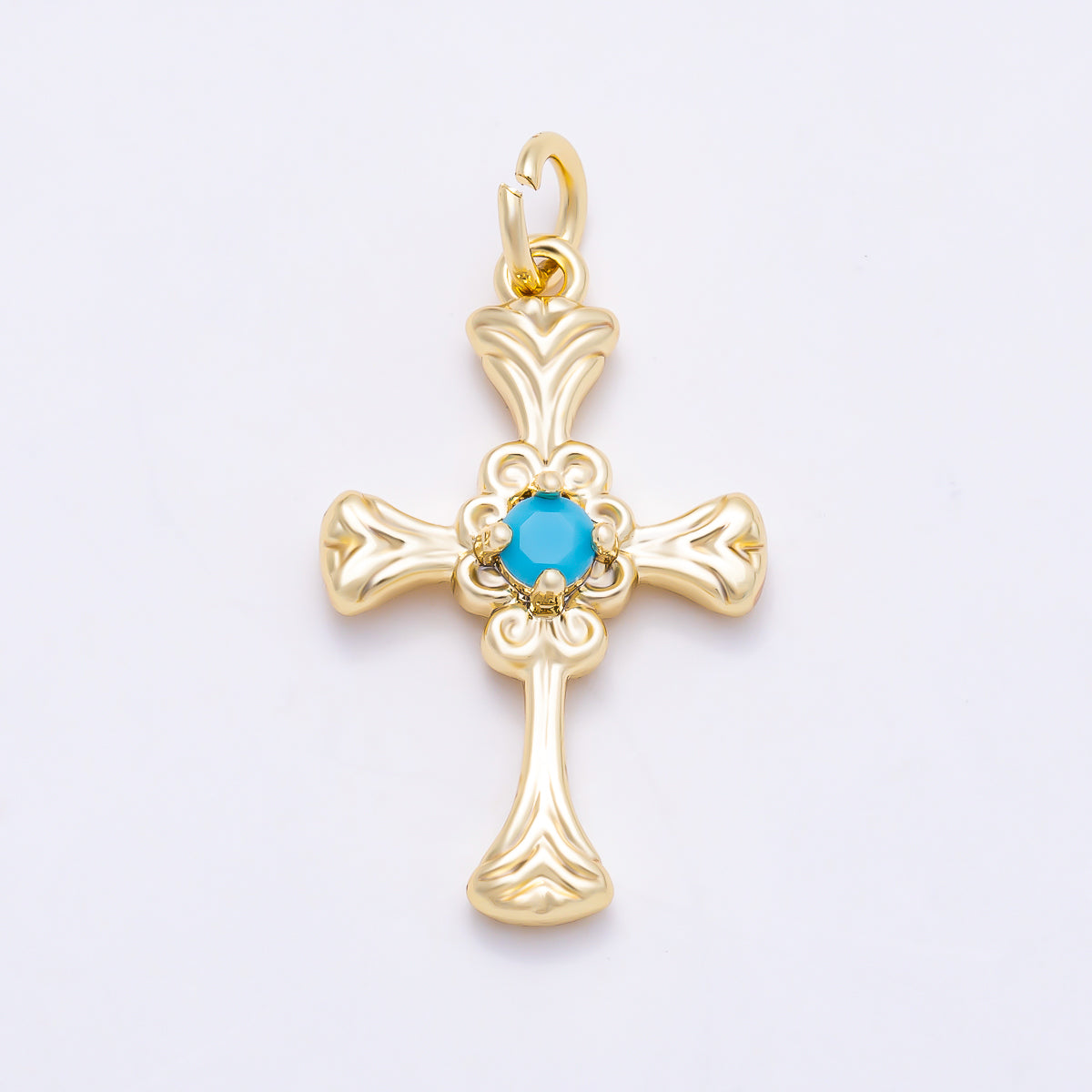 16K Gold Filled 22mm Turquoise CZ Vintage Filigree Cross Religious Charm in Gold & Silver | Charms-01865 - Charms-01866