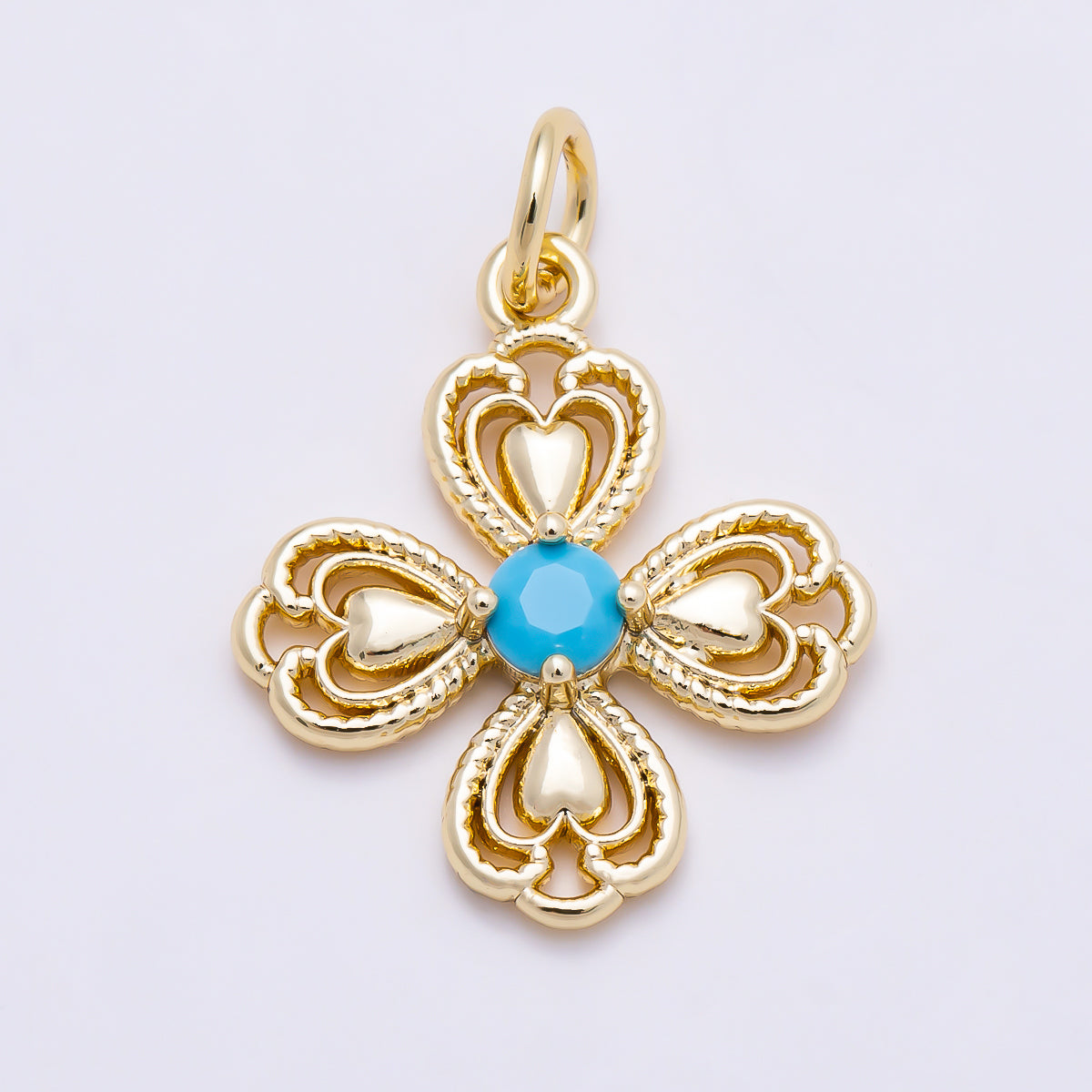 16K Gold Filled 18mm Turquoise CZ Vintage Filigree Four Leaf Lucky Clover Charm in Gold & Silver | Charms-01869 - Charms-01870