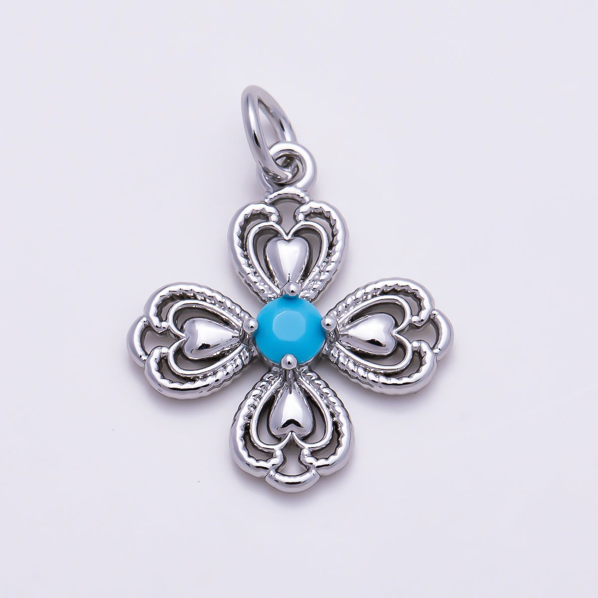 16K Gold Filled 18mm Turquoise CZ Vintage Filigree Four Leaf Lucky Clover Charm in Gold & Silver | Charms-01869 - Charms-01870
