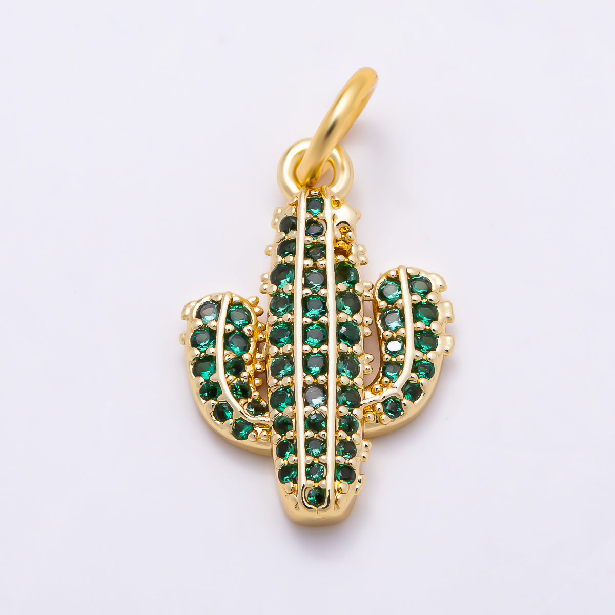 16K Gold Filled 15mm Green Micro Paved CZ 3D Cactus Plant Floral Charm | Charms-01883
