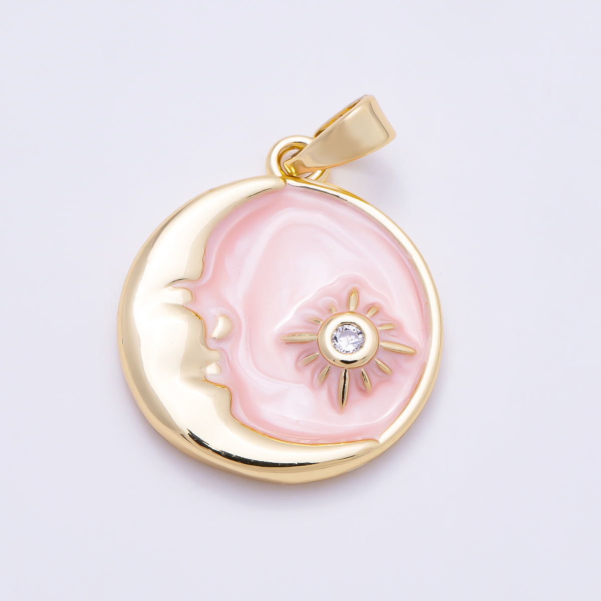 16K Gold Filled 22mm Pink Enamel Celestial Crescent Moon & North Star CZ Charm | Charms-01884