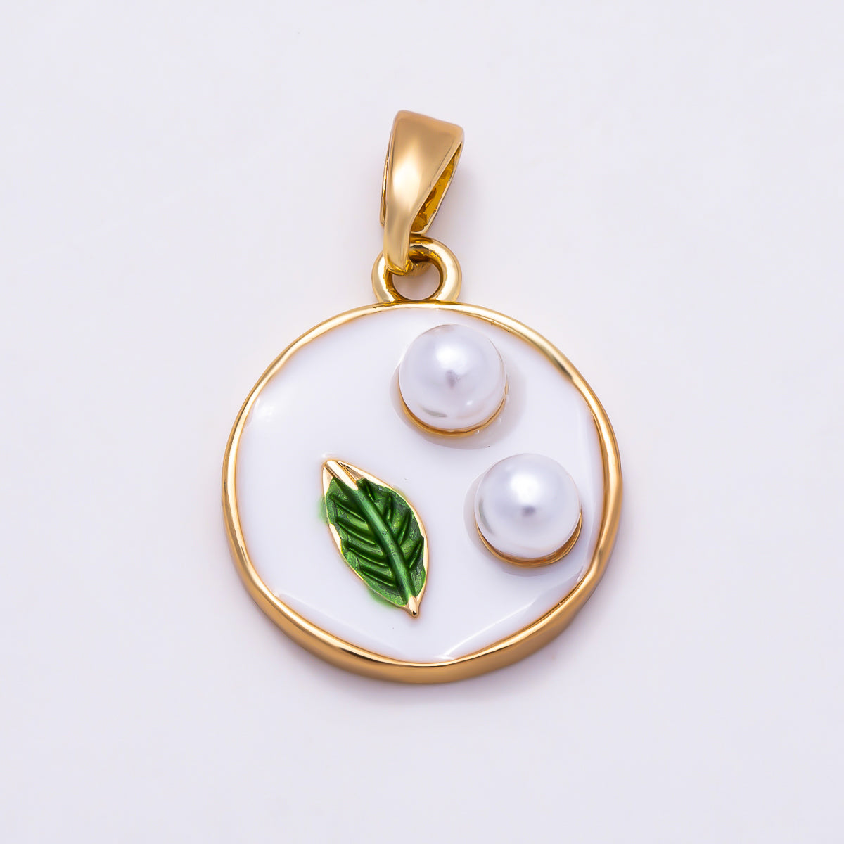 16K Gold Filled 17mm Double Shell Pearl Green Leaf White Enamel Pendant | Charms-01888