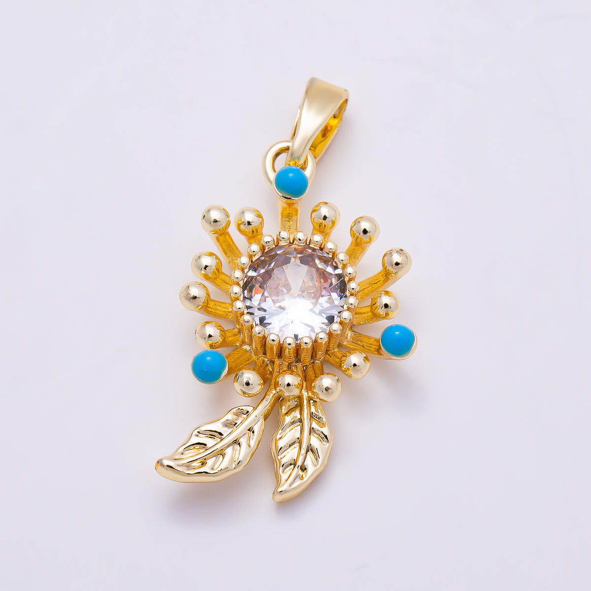 16K Gold Filled 21mm Clear & Turquoise CZ Dandelion Flower Pendant | Charms-01893