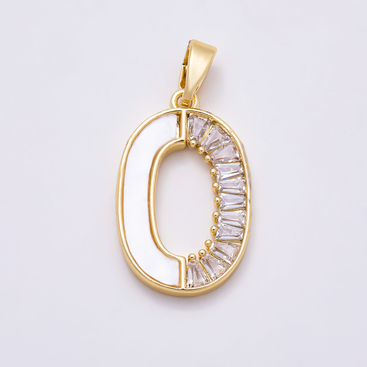 16K Gold Filled 19mm Letter O Shell Pearl & Baguette CZ Initial Pendant | Charms-01894