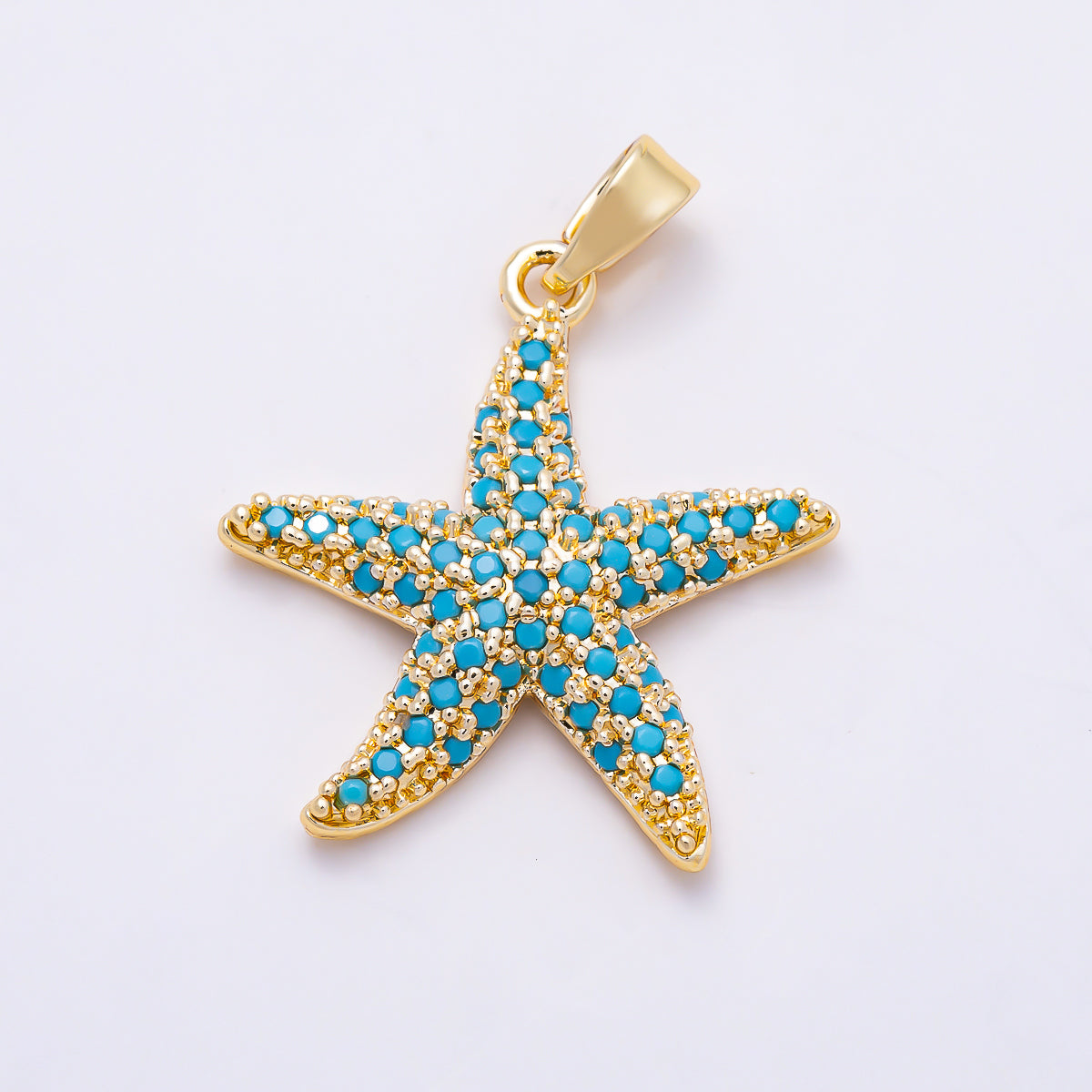 16K Gold Filled 21mm Turquoise Micro Paved CZ Starfish Ocean Beach Pendant | Charms-01895