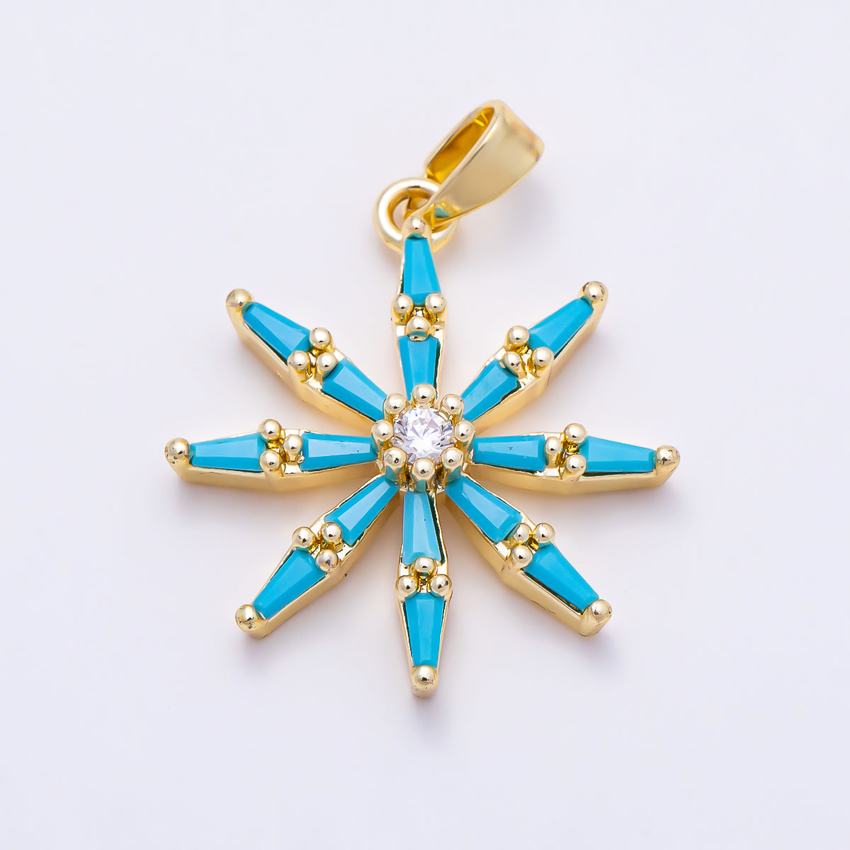16K Gold Filled 22mm Turquoise Baguette CZ Snowflake Pendant in Gold & Silver | Charms-01896