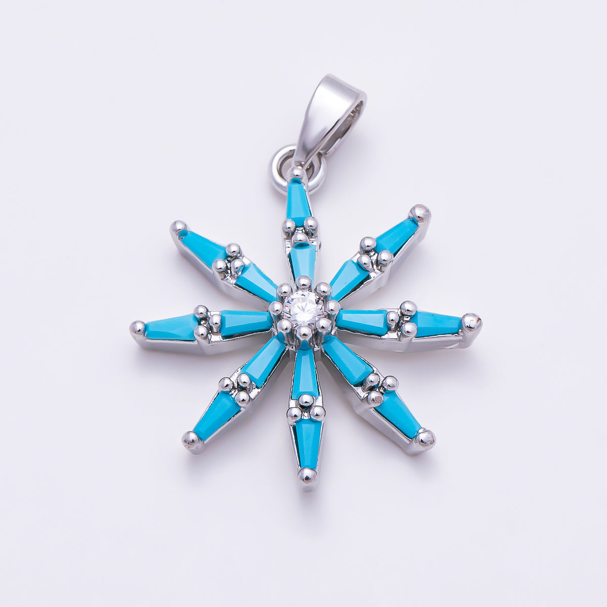 16K Gold Filled 22mm Turquoise Baguette CZ Snowflake Pendant in Gold & Silver | Charms-01896