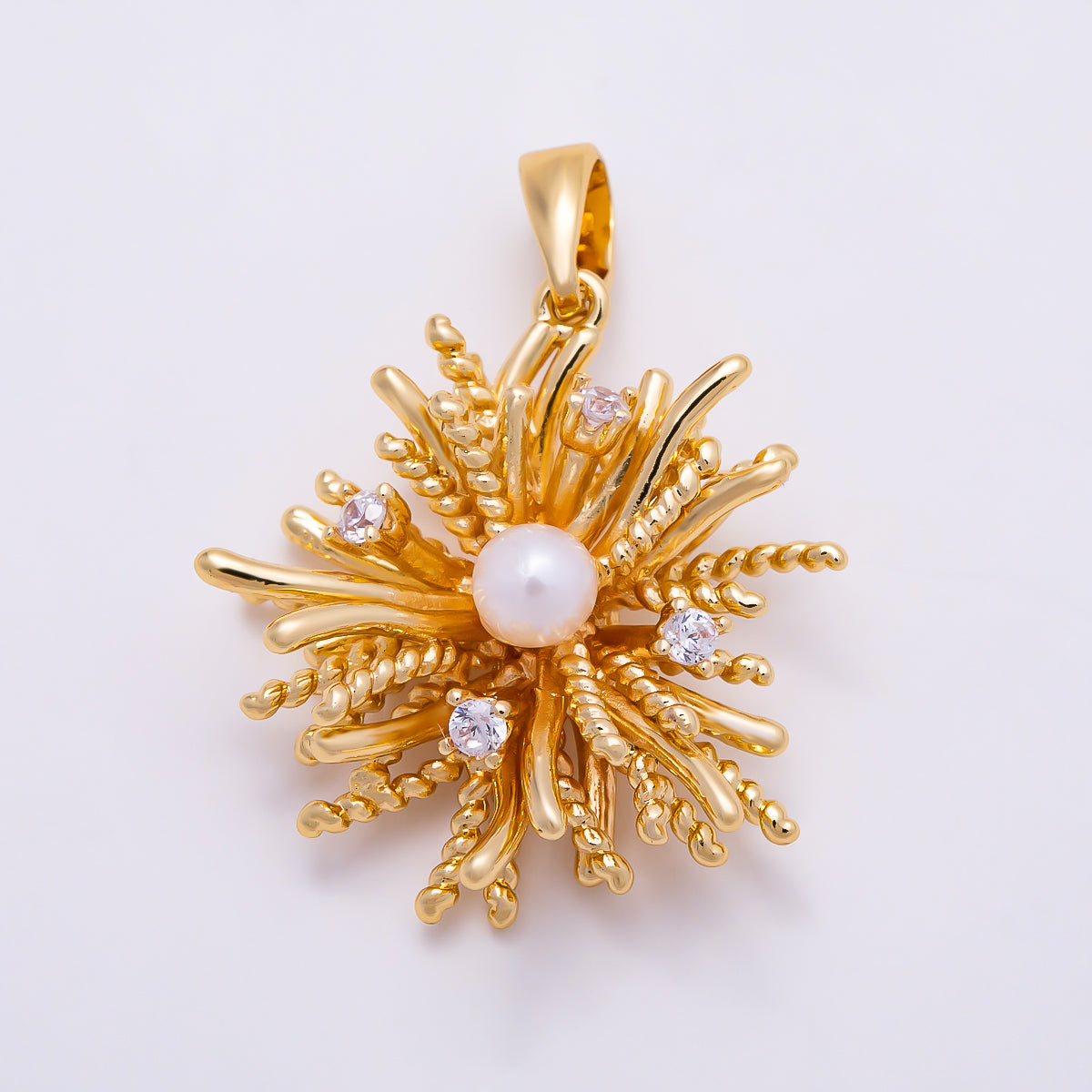 16K Gold Filled 22mm Shell Pearl Clear CZ Starburst Floral Pendant | Charms-01902