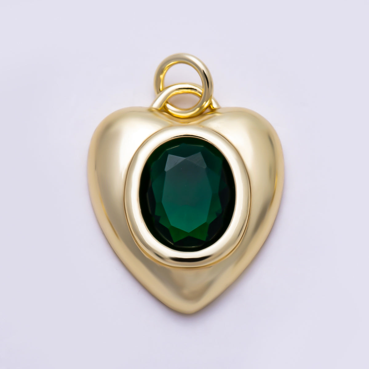 16K Gold Filled 18mm Emerald, Turquoise, and Clear Oval Faceted CZ Puffy Heart Pendant | Charms-01921 - Charms-01923