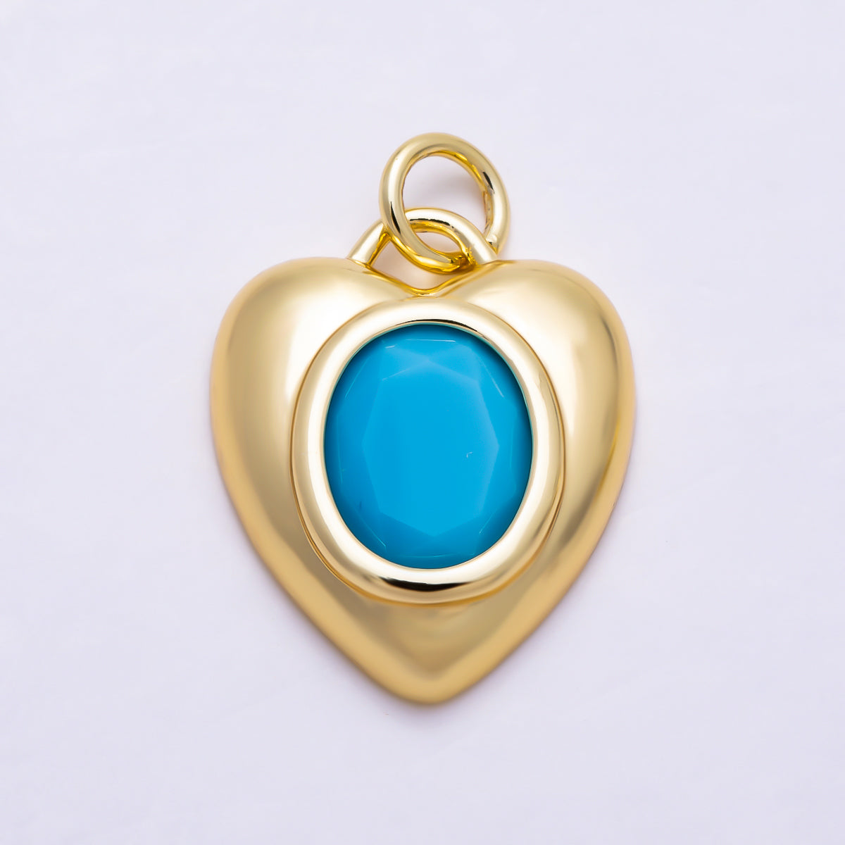 16K Gold Filled 18mm Emerald, Turquoise, and Clear Oval Faceted CZ Puffy Heart Pendant | Charms-01921 - Charms-01923