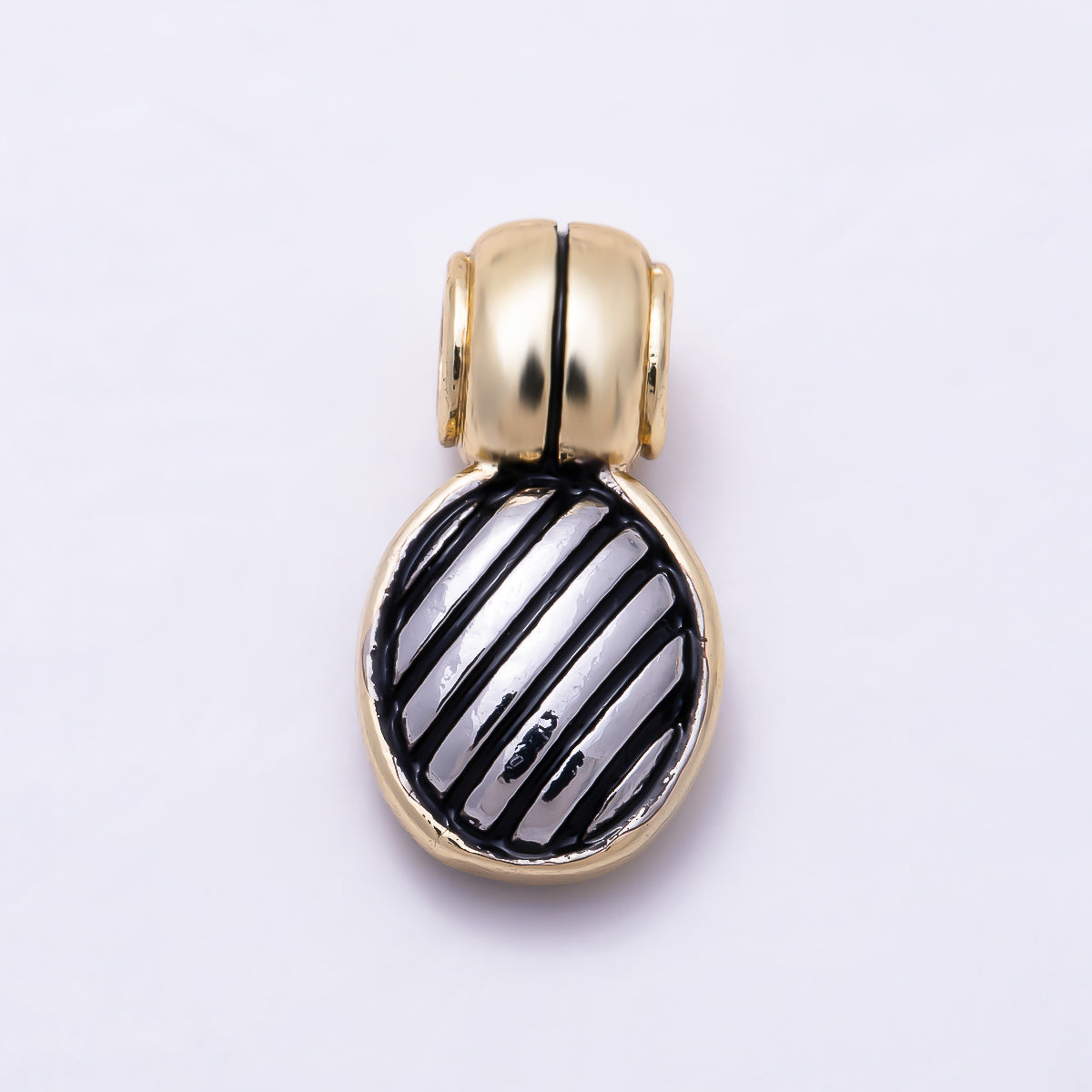 16K Gold Filled 20mm Two-Tone Oval Diagonal Striped Black Enamel Pendant | Charms-01924