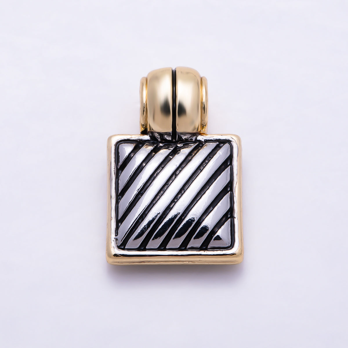 16K Gold Filled 20mm Two-Tone Geometric Square Diagonal Striped Black Enamel Pendant | Charms-01925
