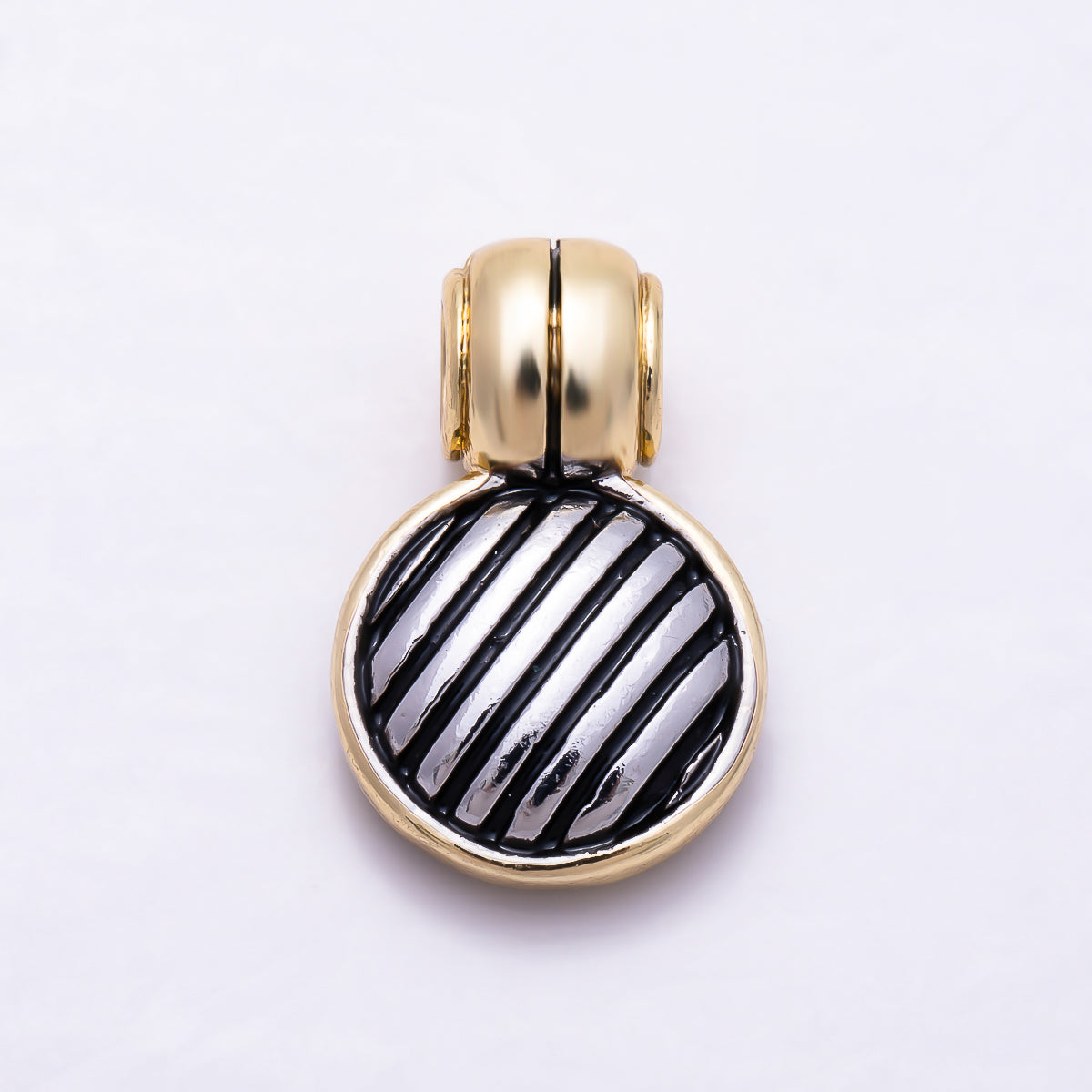 16K Gold Filled 20mm Two-Tone Round Diagonal Striped Black Enamel Pendant | Charms-01926