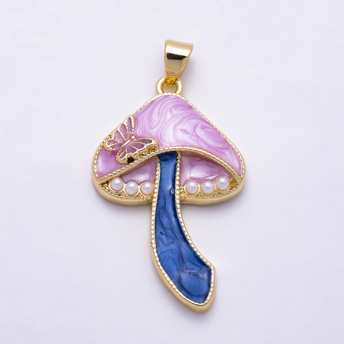 16K Gold Filled 33mm Blue and Pink Enamel Butterfly Mushroom Pendant | Charms-01930