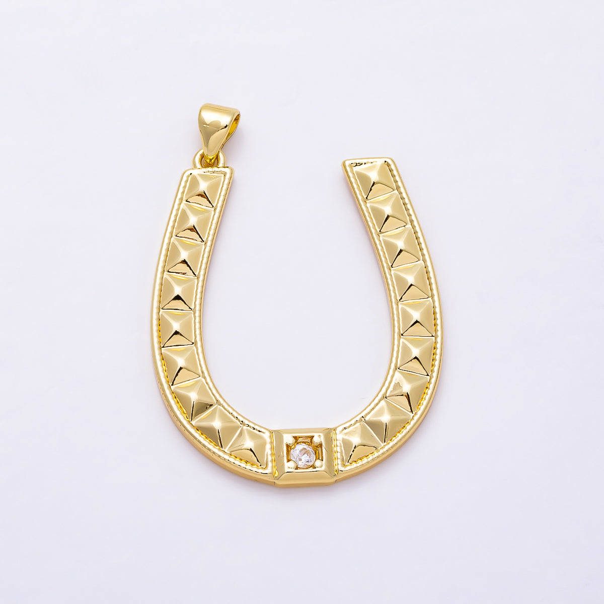 16K Gold Filled 36mm Clear Solitaire CZ Pyramid Studded Horseshoe Lucky Pendant | Charms-01931