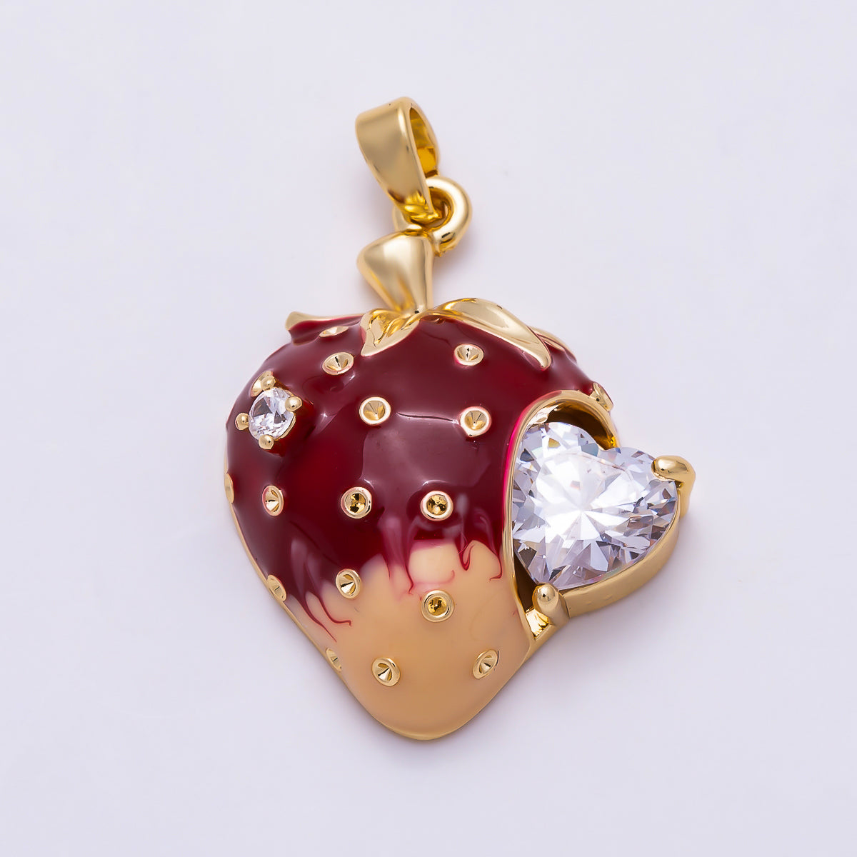 16K Gold Filled 27mm Heart CZ Chocolate Dipped Strawberry Enamel Charm | Charms-01935