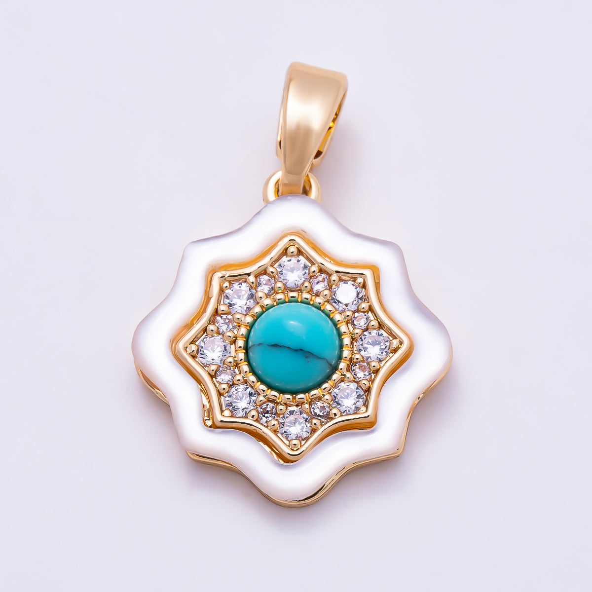 16K Gold Filled 15mm Turquoise Cabochon Natural Gemstone Clear Micro Paved CZ 8-Point Star Pendant | Charms-01936
