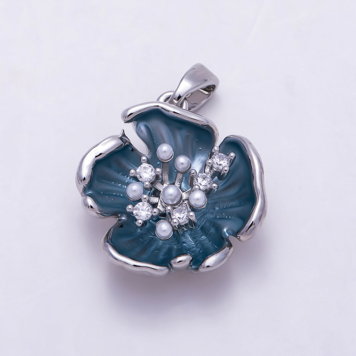 16K Gold Filled 18mm White Blue Enamel Shell Pearl Beaded Blooming Floral Pendant | Charms-01937 - Charms-01939