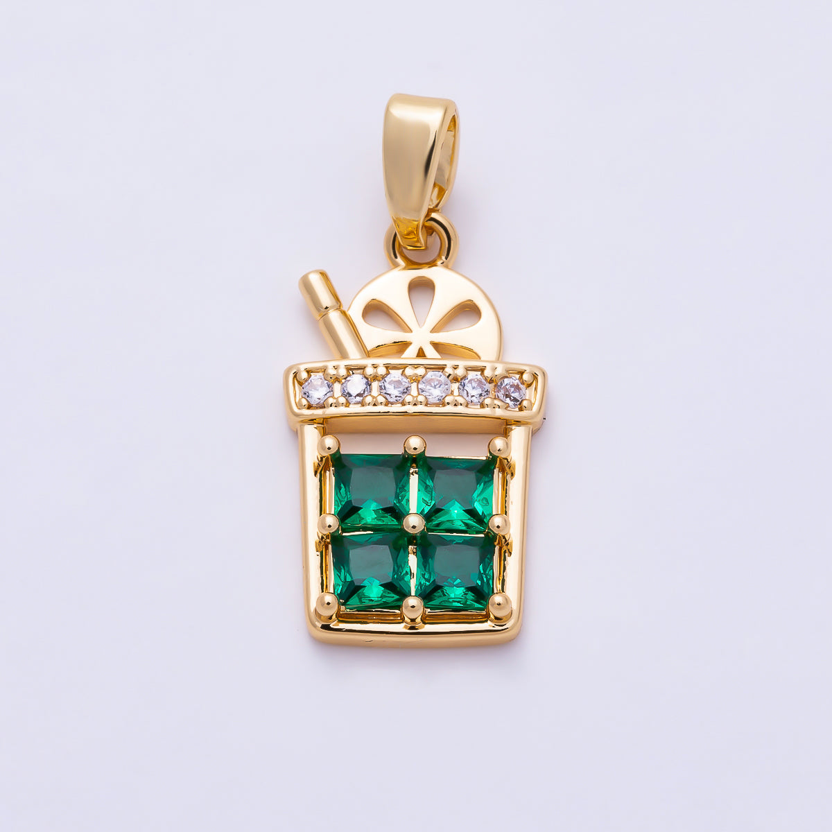 16K Gold Filled 18mm Emerald Green CZ Iced Lemonade Juice Cup Pendant | Charms-01946 - Charms-01947
