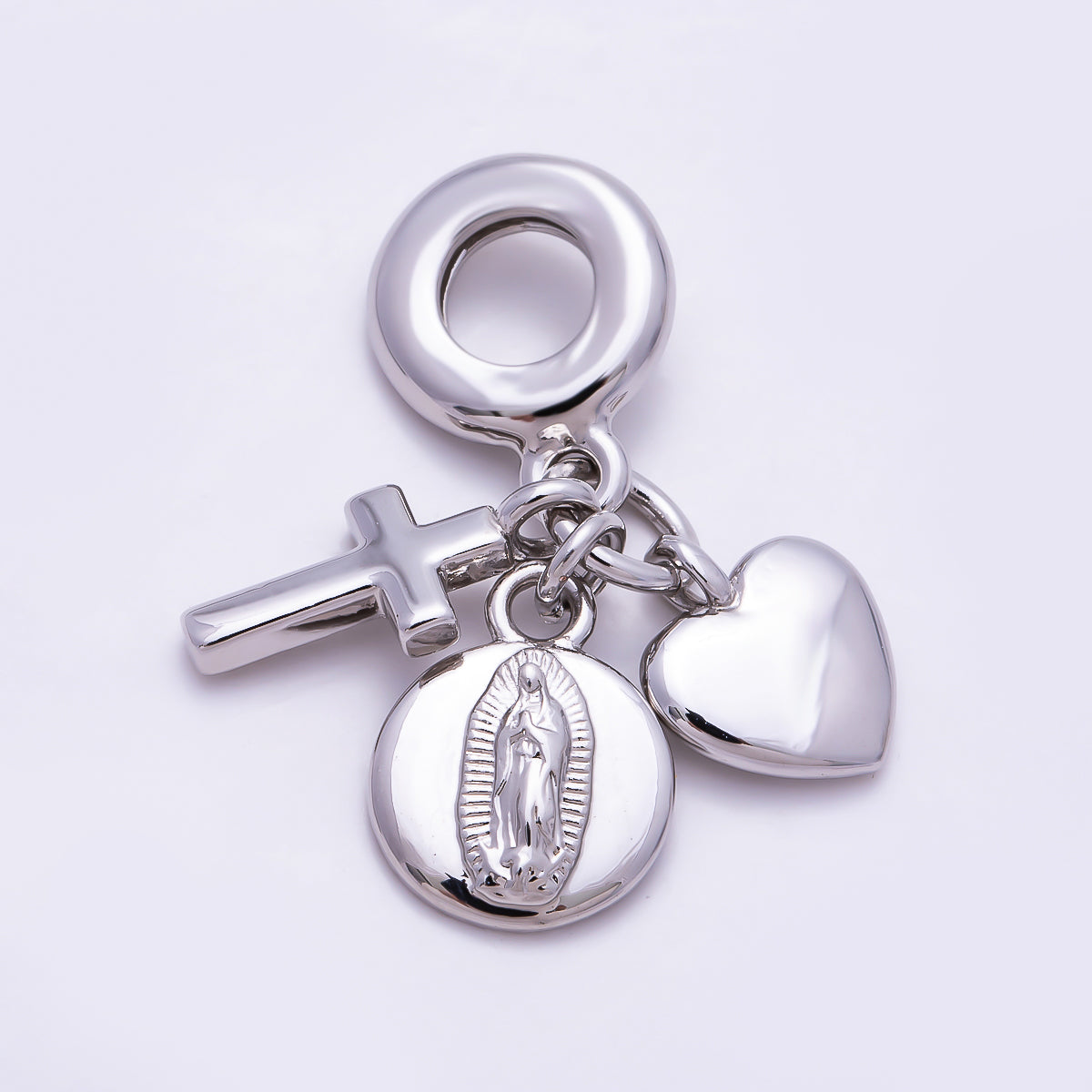 Silver 30mm Religious Heart Cross Mother Mary Medallion Latin Prayer Drop Rondelle Pendant | Charms-01979