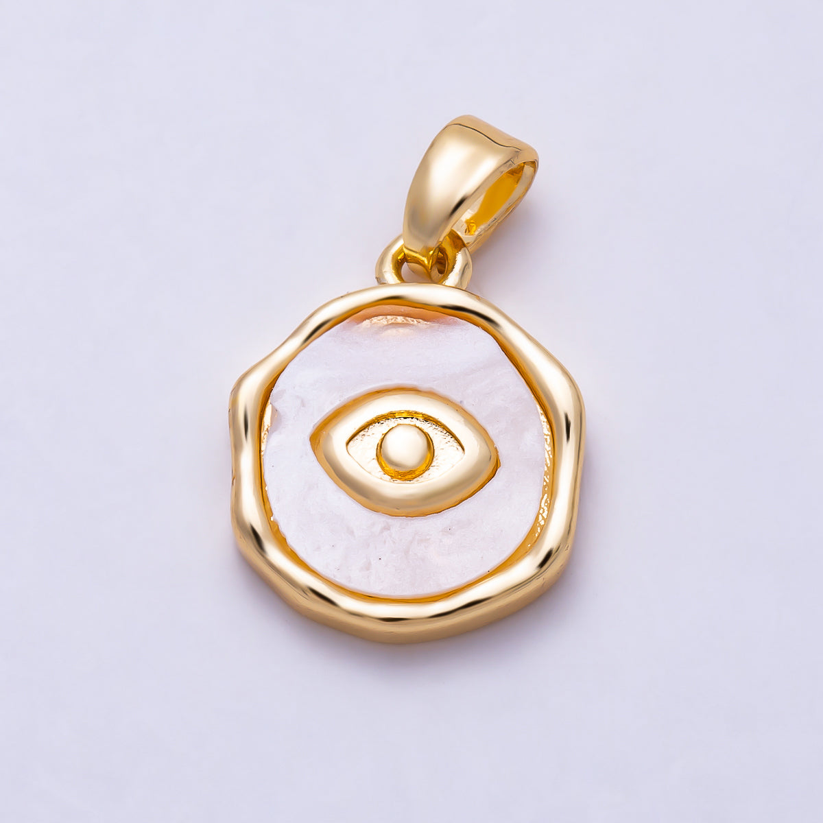 16K Gold Filled 14mm White Mother of Pearl Evil Eye Religious Pendant | Charms-01983