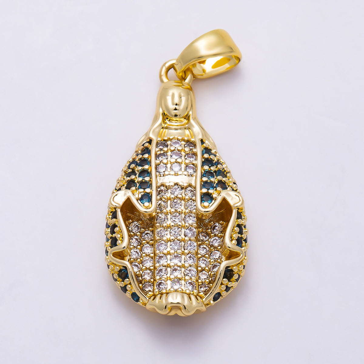 16K Gold Filled 25mm Blue and Clear Micro Paved CZ Virgin Mary Teardrop Religious Pendant | Charms-01988