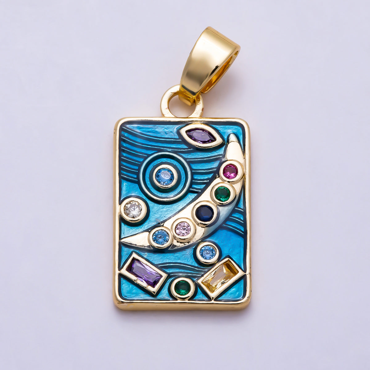 16K Gold Filled 21mm Multi Cut CZ Rectangular Tag Starry Night Celestial Enamel Pendant | Charms-01990
