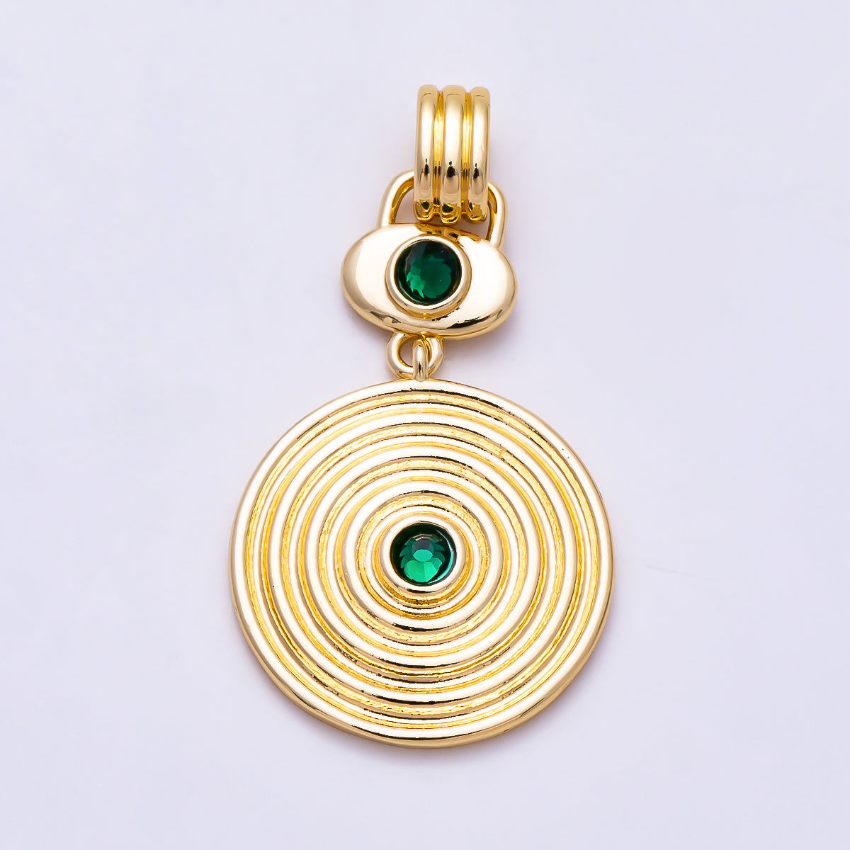 16K Gold Filled 36mm Green CZ Geometric Ribbed Round Double Drop Pendant | Charms-01993