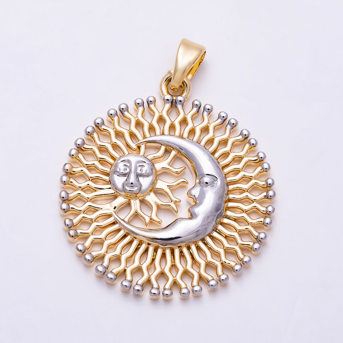 16K Gold Filled 27mm Mixed Metal Celestial Crescent Moon Sun Open Textured Round Pendant | Charms-01994