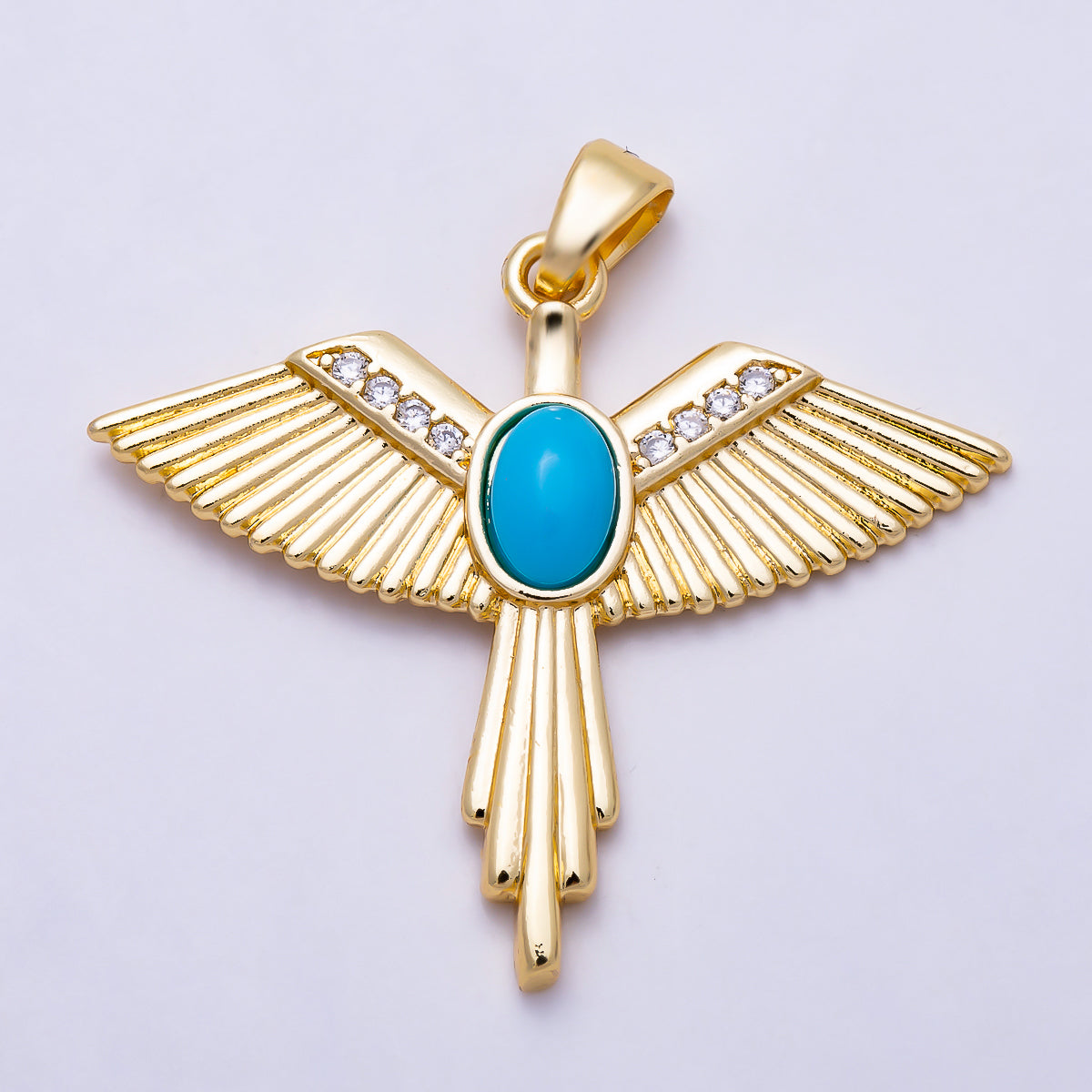 16K Gold Filled 30mm Turquoise Micro Paved CZ Geometric Ribbed Wings Pendant | Charms-01995
