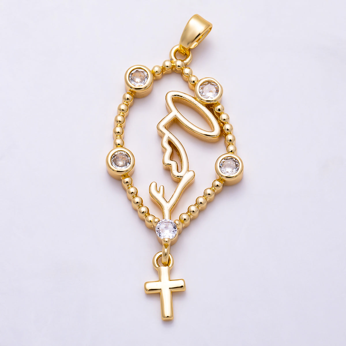 16K Gold Filled 40mm Clear CZ Dotted Religious Cross Women Drop Pendant | Charms-01997