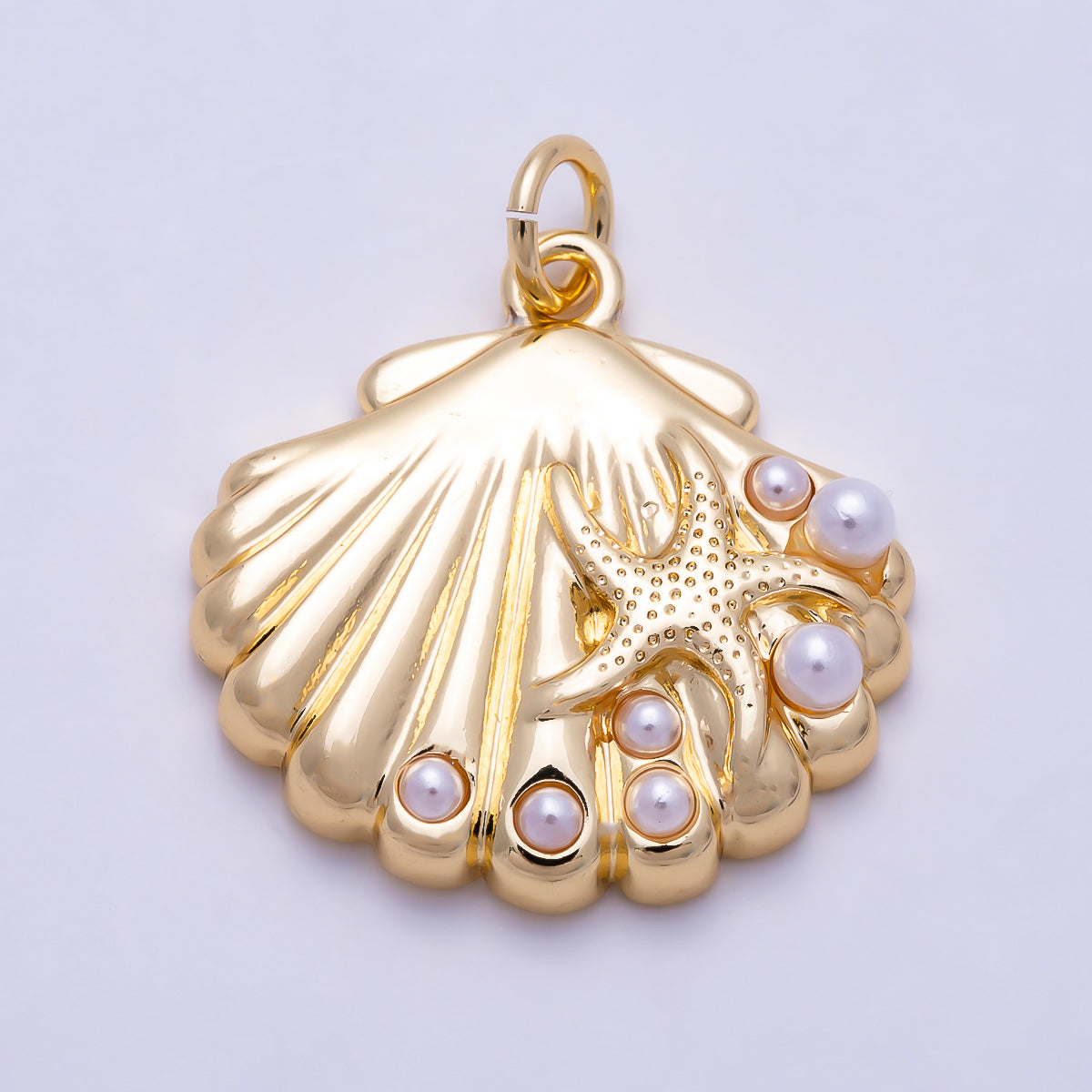 16K Gold Filled 20mm Shell Pearl Dotted Starfish Sea Shell Scallop Charm | Charms-01998