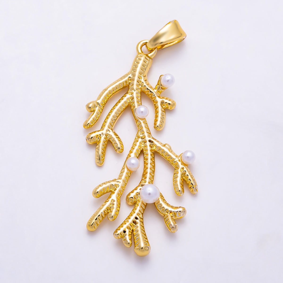 16K Gold Filled 33mm Shell Pearl Minimalist Textured Coral Branch Pendant | Charms-02000