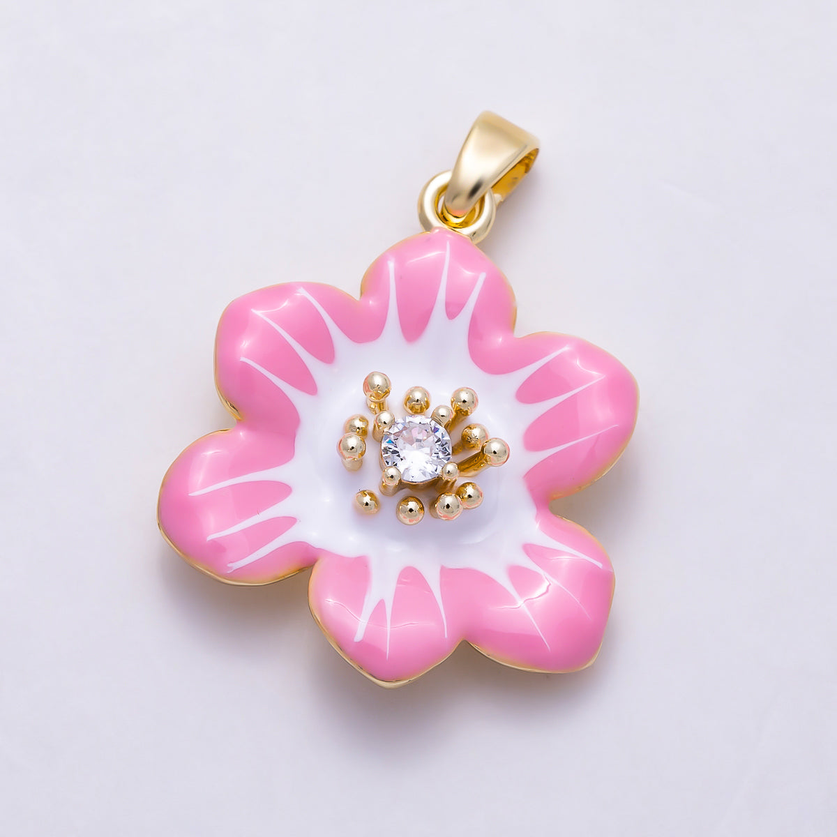 16K Gold Filled 24mm CZ Pink White Enamel Blooming Flower Pendant | Charms-02003