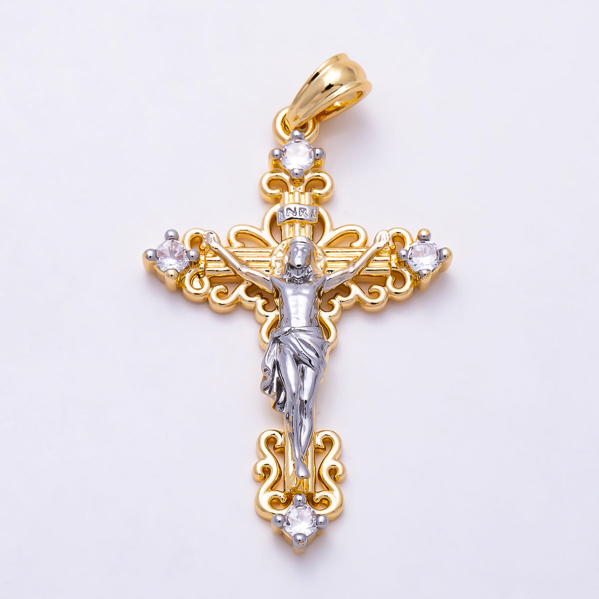16K Gold Filled 35mm CZ Crucifix Cross Mixed Metal Religious Pendant | Charms-02006