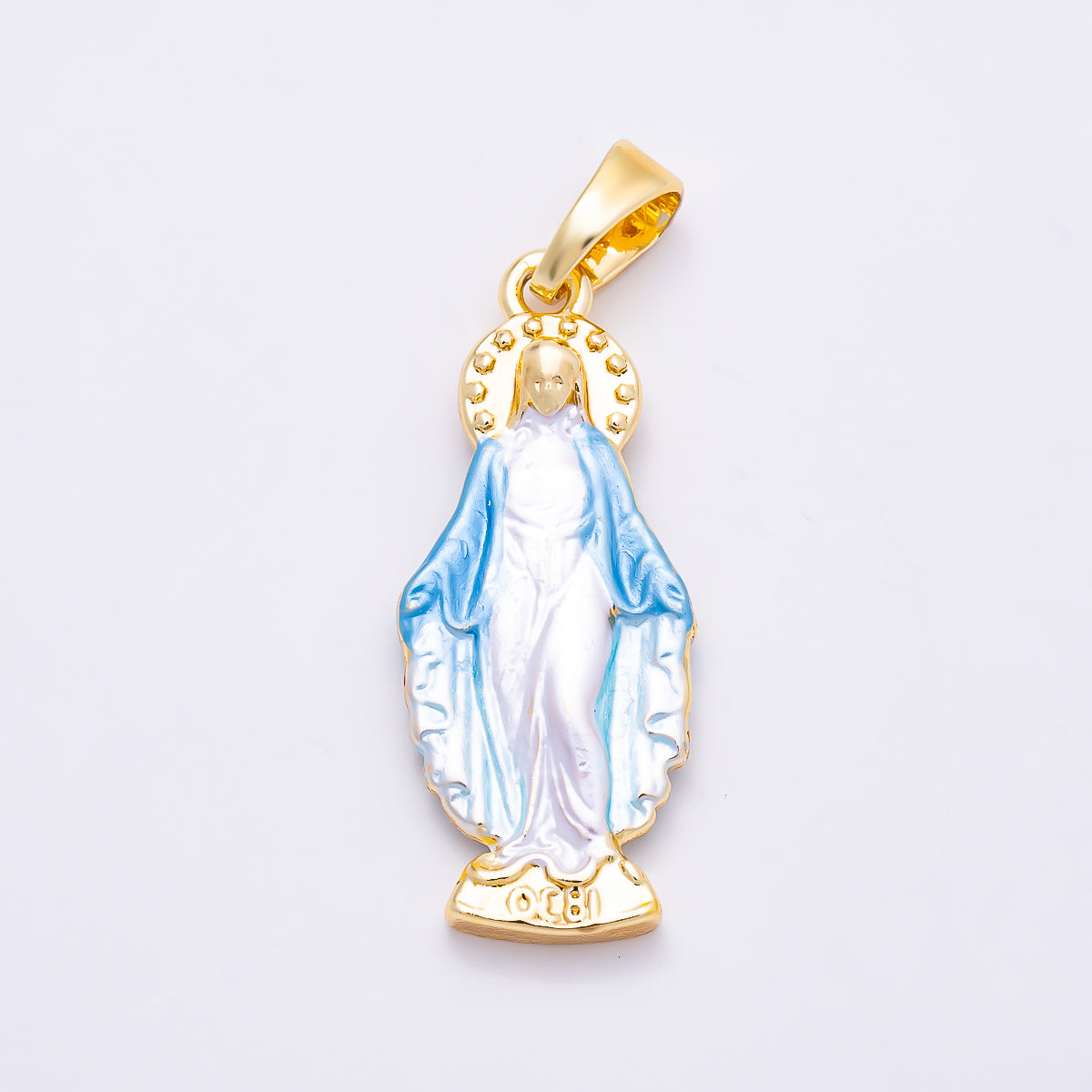 16K Gold Filled 28mm White Blue Enamel Mother Mary Religious Pendant | Charm-02009