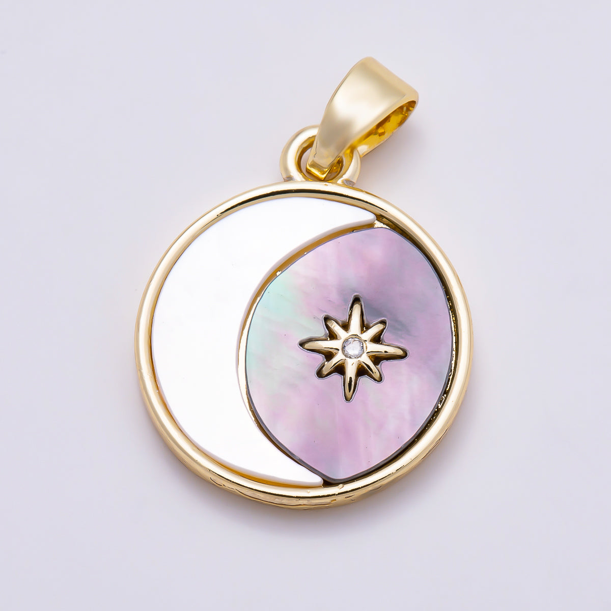 16K Gold Filled 17mm Shell Pearl CZ Star Crescent Moon Celestial Round Pendant | Charms-02012
