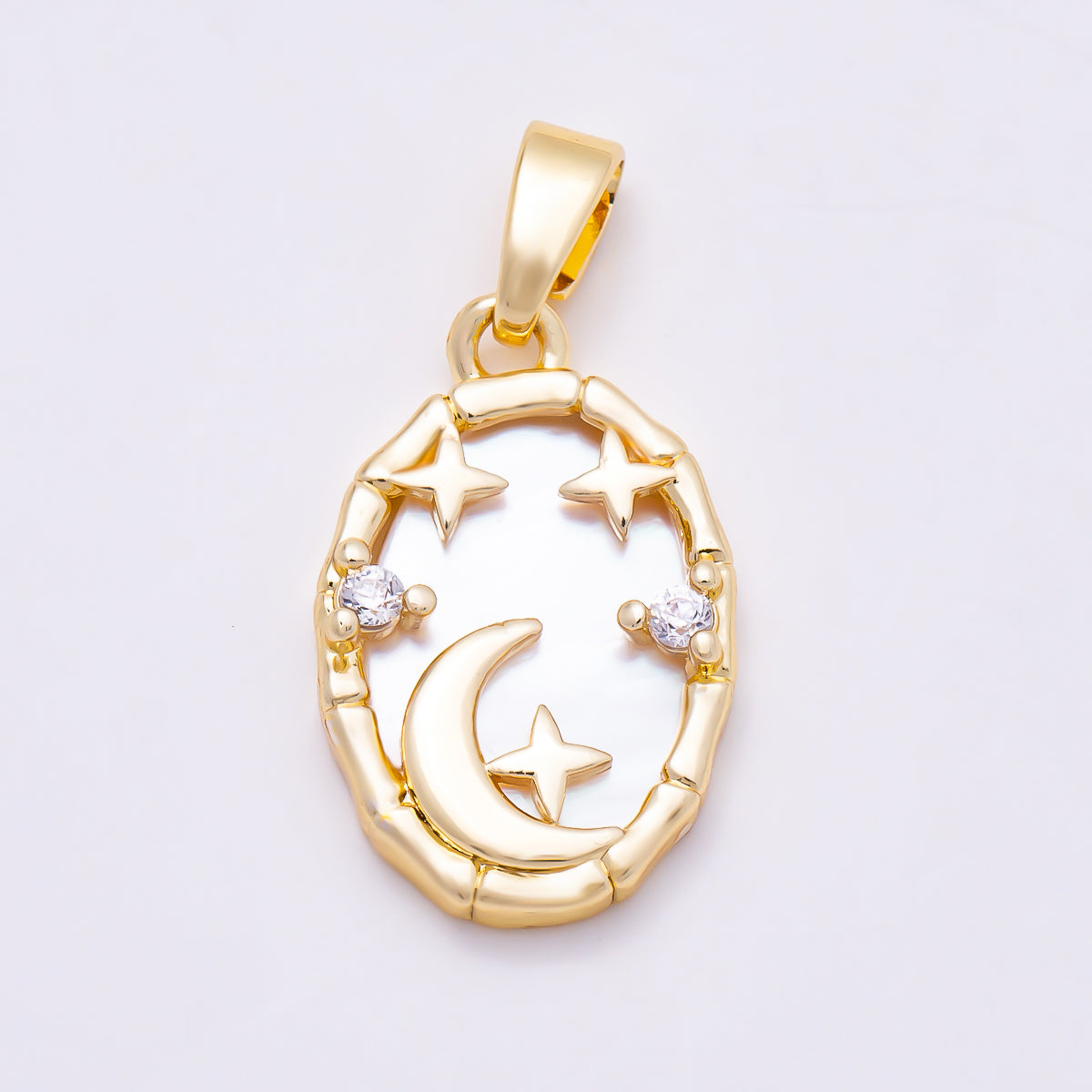 16K Gold Filled 17mm Celestial Crescent Moon Star Shell Pearl Oval Pendant | Charms-02013