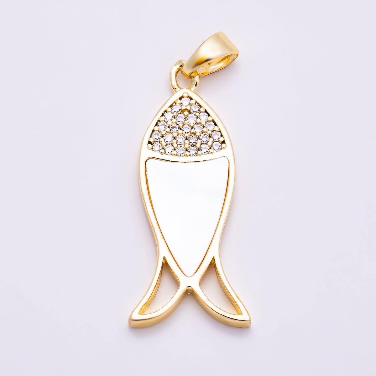 16K Gold Filled 28mm Shell Pearl, Abalone Micro Paved CZ Fish Pendant | Charms-02019 Charms-02020 