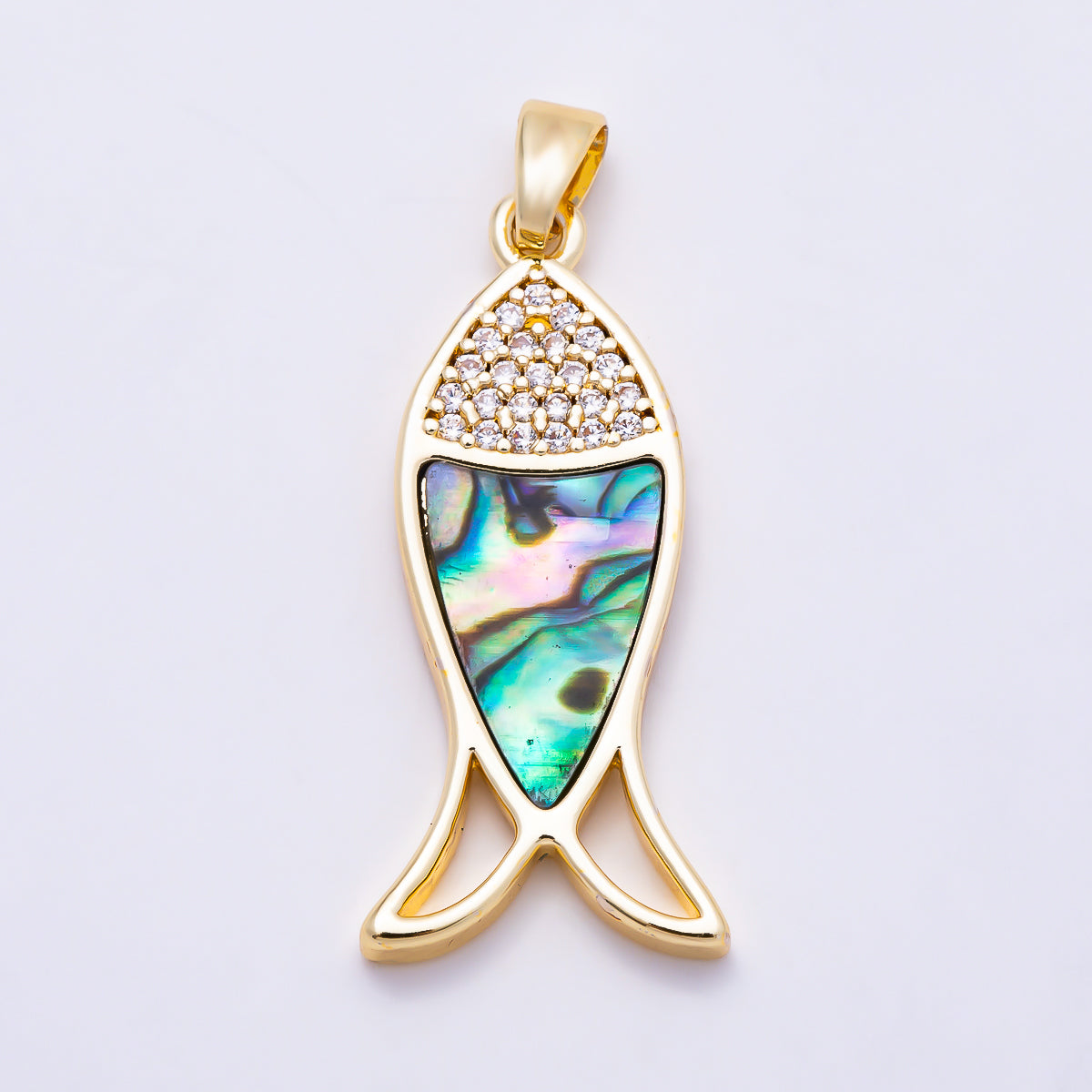 16K Gold Filled 28mm Shell Pearl, Abalone Micro Paved CZ Fish Pendant | Charms-02019 Charms-02020 